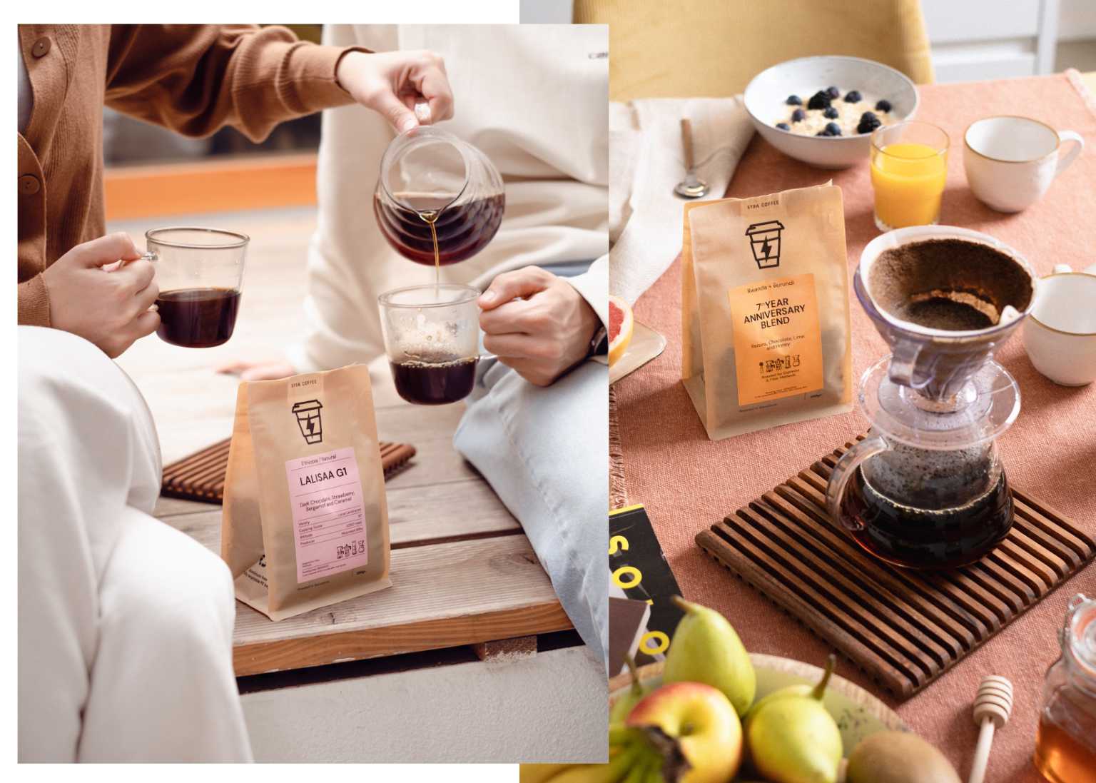 Composición de dos escenas domésticas con personas preparando y compartiendo café de Syra Coffee