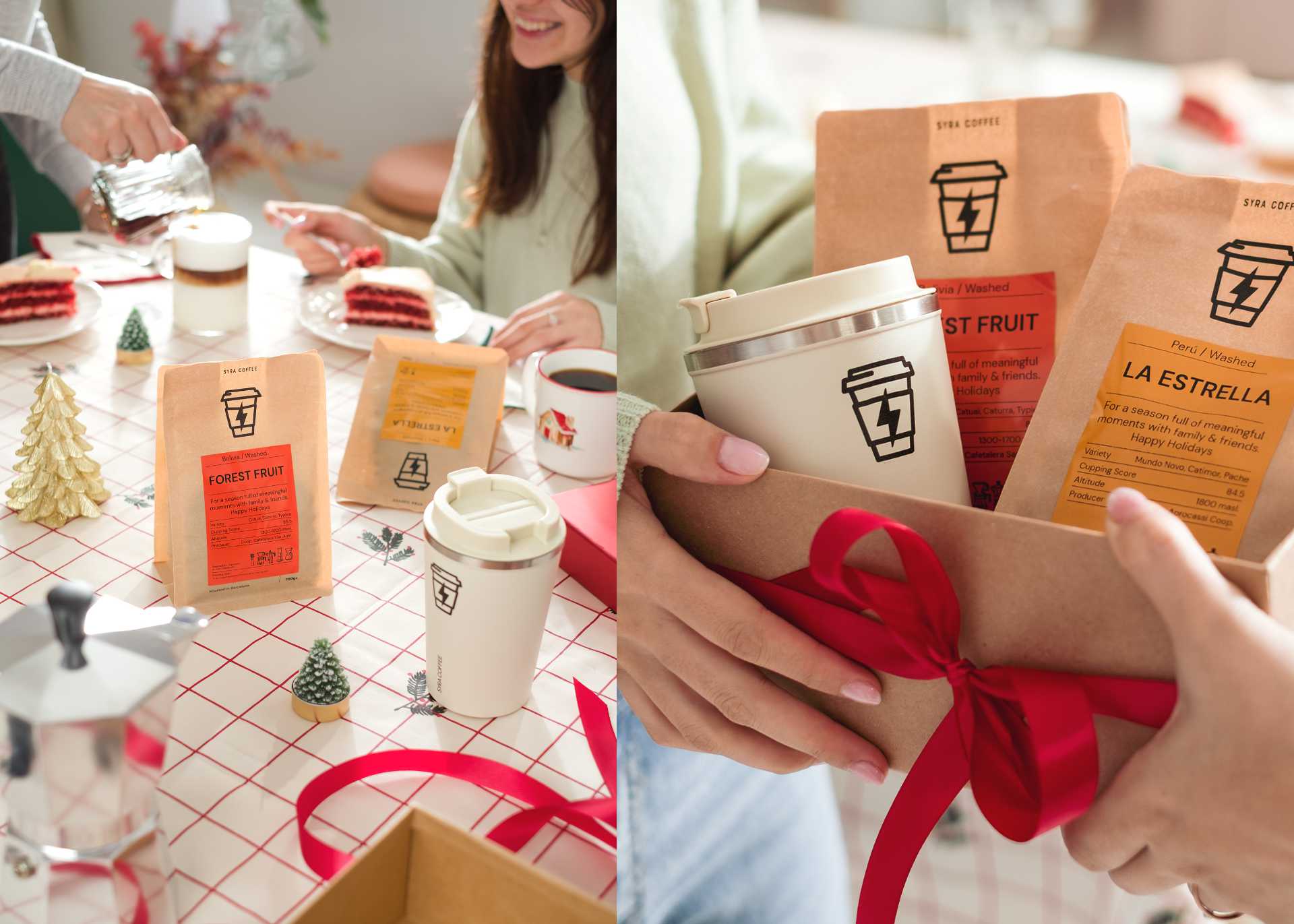 Composición navideña con bolsas de café Syra, tazas y un paquete envuelto con lazo rojo